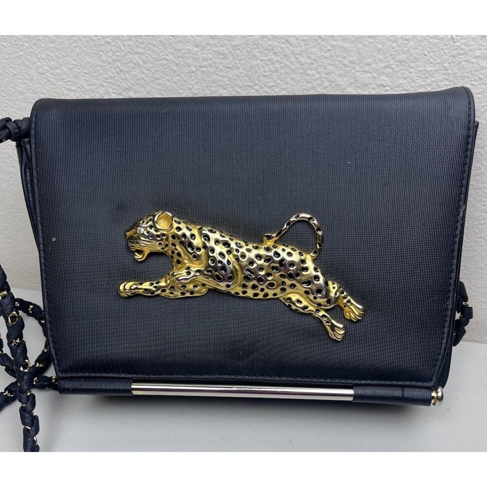 Y2K Vintage Black Crossbody Purse Gold Leopard Accent | Elegant Shoulder bag - Picture 2 of 4